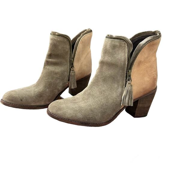 Joe’s Jeans Leather Suede Two Tone Taupe Tan Ankle Boots Size 10 Tasseled Zipper - Picture 10 of 12